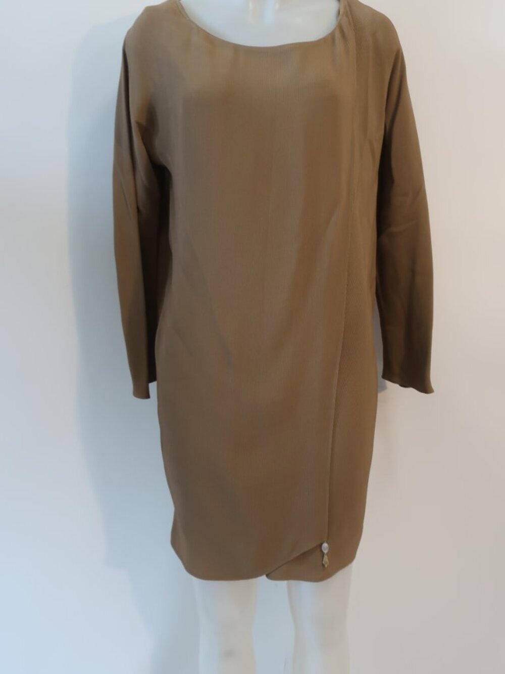 Womens Donna Karan (Item-13) Tan-Brown Ribbed Faux Wrap Shift Mini Dress P US/XS